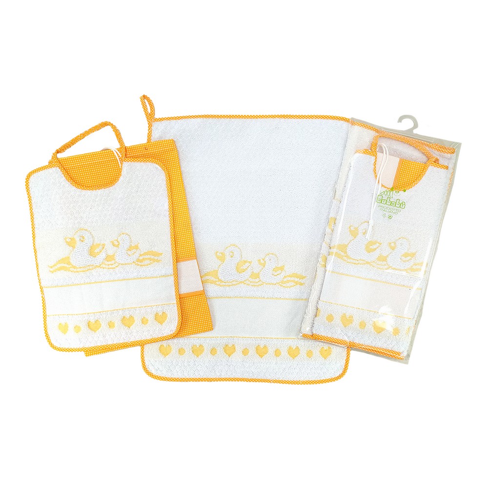 Completo 3 pz. PAPERA: bavaglino con elastico + salviettina in spugna + sacchetto con etamine