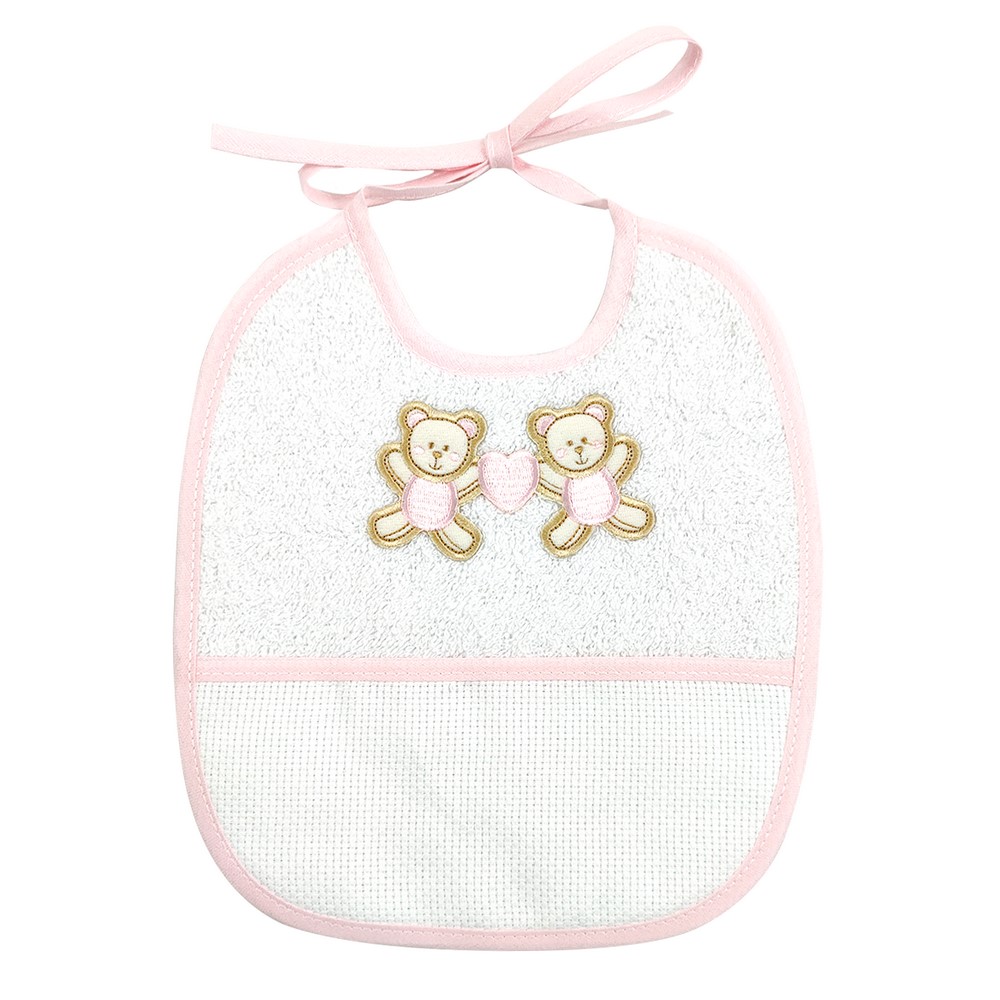 Bavetta COPPIA ORSETTI cm.20x23 con laccetti e  tasca da ricamare