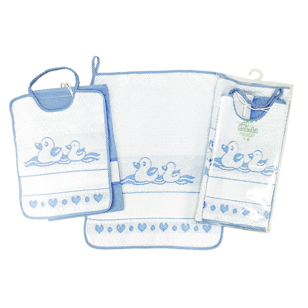 Completo 3 pz. PAPERA: bavaglino con elastico + salviettina in spugna + sacchetto con etamine