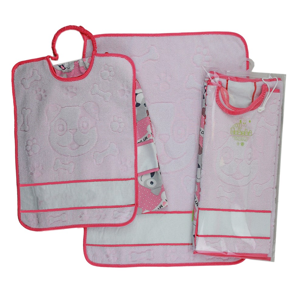Completo 3 pezzi da ricamare RUFY:Bavaglino cm.29x35 con elastico+asciugamano cm.40x50+sacchetto tela stampata cm.32x37