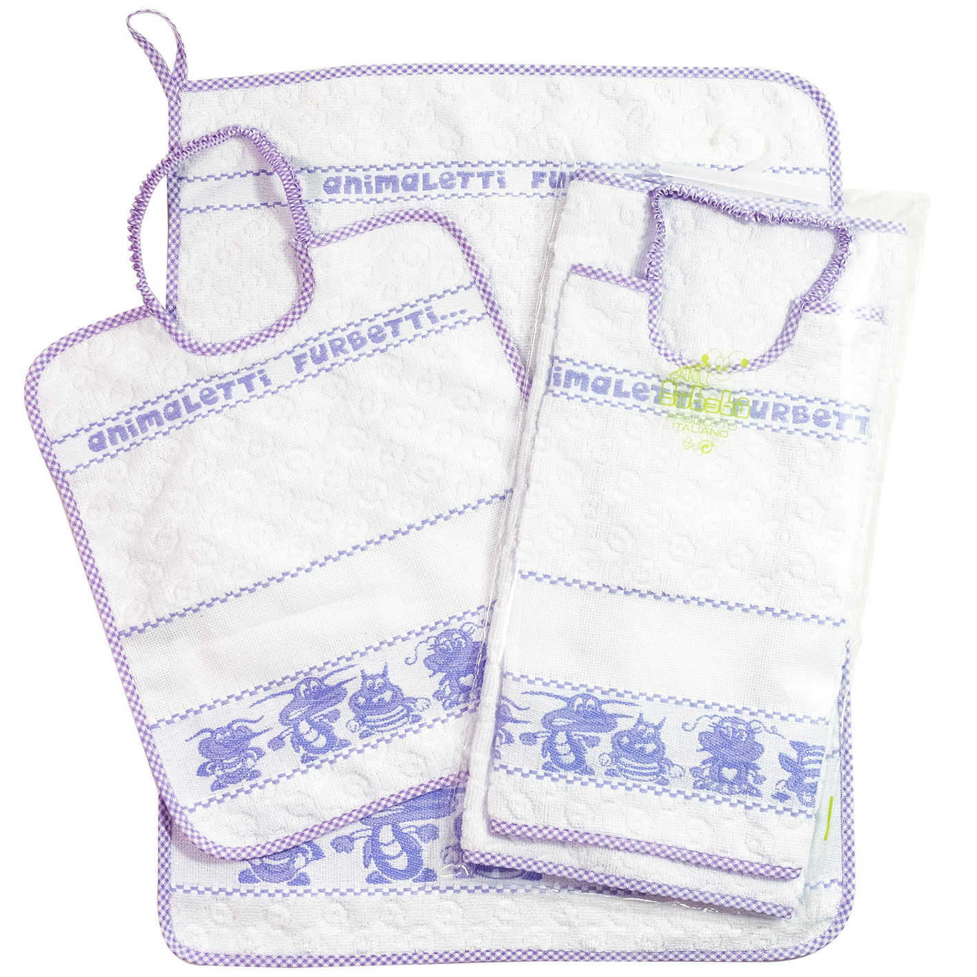 Completo 2 pz.ANIMALETTI FURBETTI:bavetta+asciugamano in spugna con etamine da ricamare