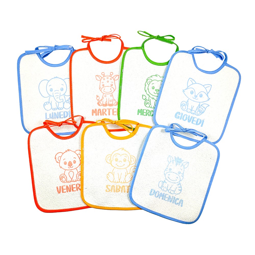 Confezione SETTIMANA  BABY:7 bavette con laccetti in spugna plastificata