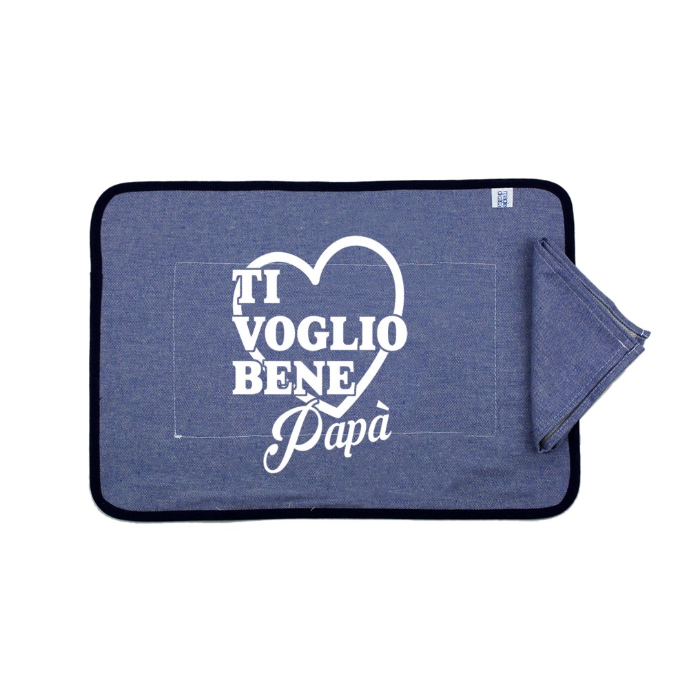 Set prima colazione JEANS: tovaglietta imbottita con TRANSFER spiritosi+tovagliolo