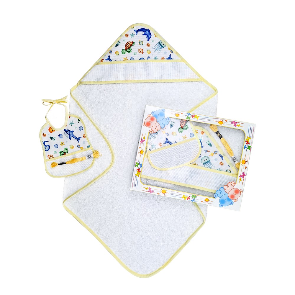 Confezione HAROLD:Accappatoio neonato a triangolo in spugna cm.60x60+bavetta in tela cm.16x20 con inserto da ricamare+filo ricamo in scatola