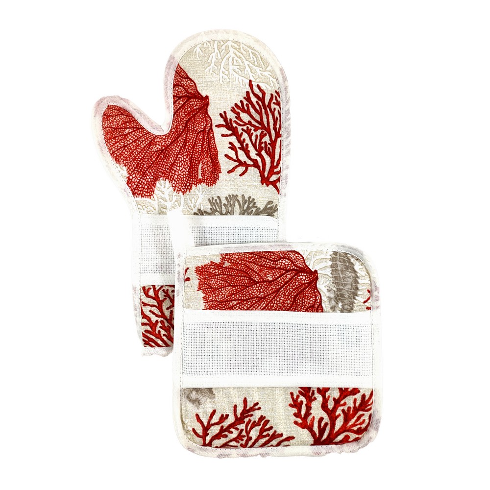 Bis forno SPRING:Guanto forno+presina con banda in etamine da ricamare