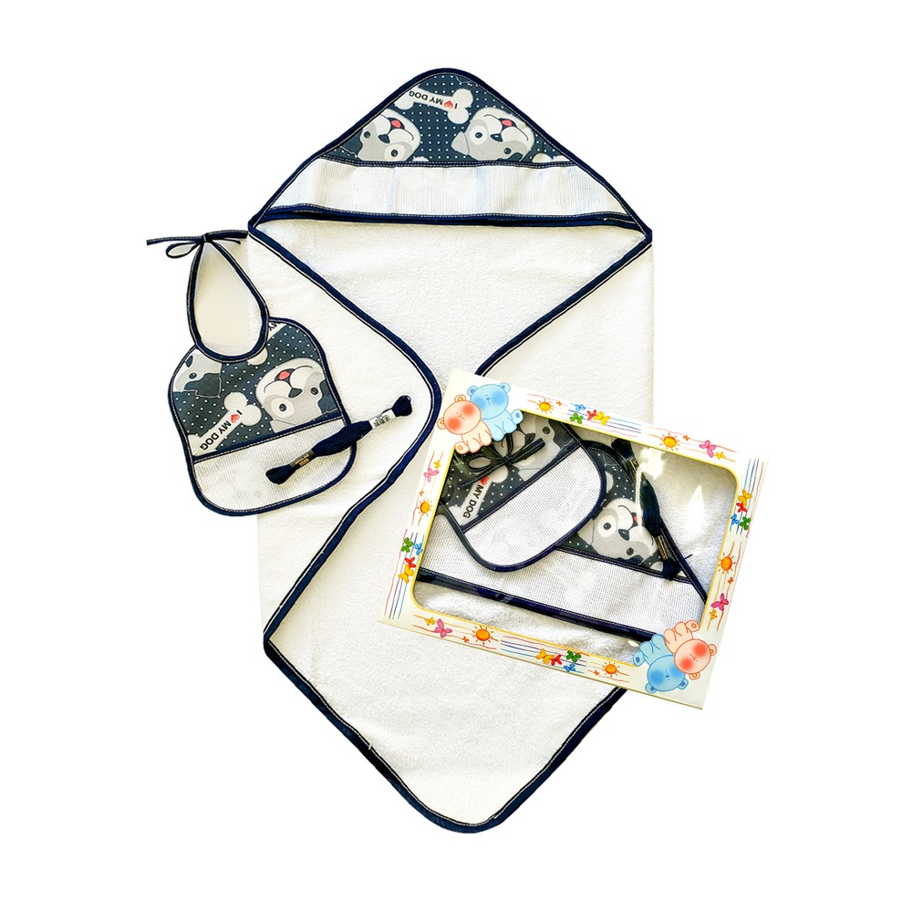 Confezione HAROLD:Accappatoio neonato a triangolo in spugna cm.60x60+bavetta in tela cm.16x20 con inserto da ricamare+filo ricamo in scatola
