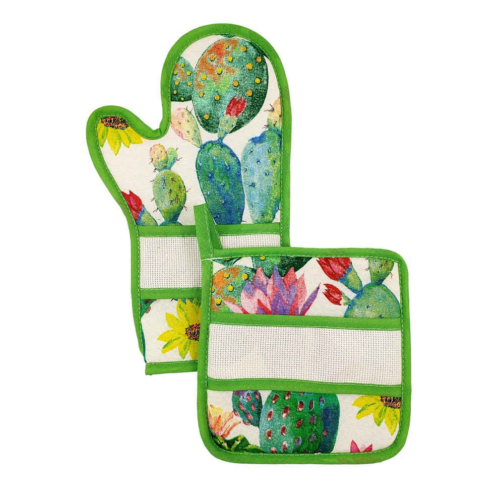 Bis forno SPRING:Guanto forno+presina con banda in etamine da ricamare