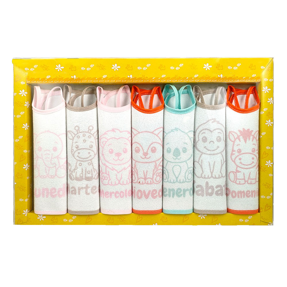 Confezione SETTIMANA  BABY:7 bavette con laccetti in spugna plastificata