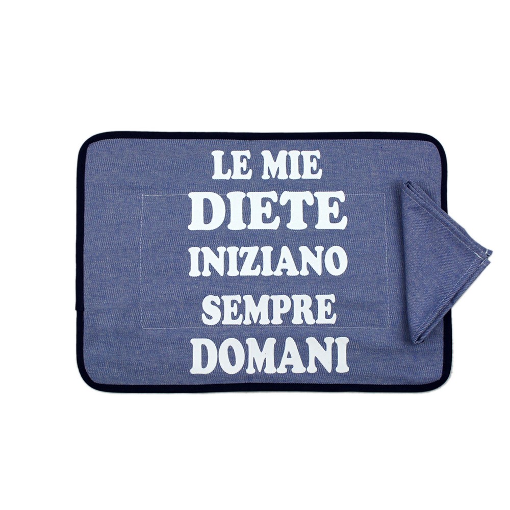 Set prima colazione JEANS: tovaglietta imbottita con TRANSFER spiritosi+tovagliolo