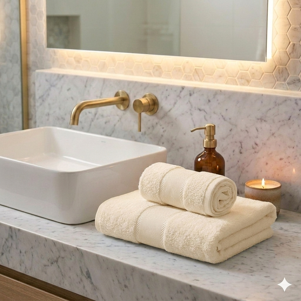 Coppietta spugna RICAMA TU:asciugamano+ospite con banda in etamine da ricamare