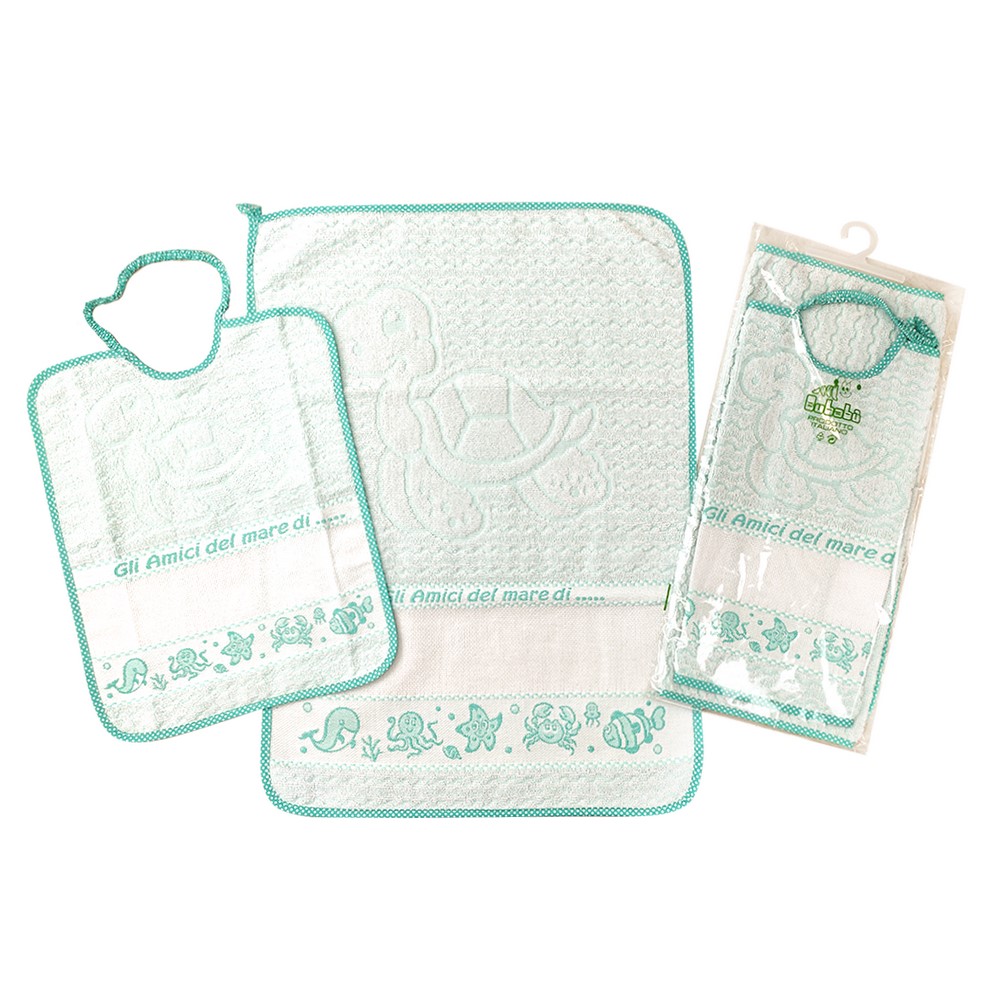 Completo 2 pz.AMICI DEL MARE:bavaglino cm. 28x33 con elastico +asciugamano cm.40x52 con banda da ricamare