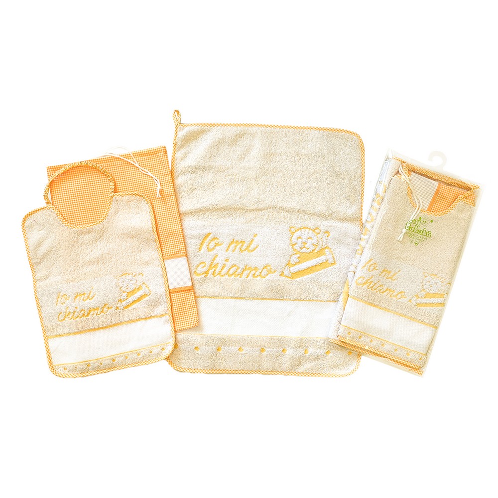 Completo 3 pz. RUFUS: bavaglino con elastico + salviettina + sacchetto in tela con etamine
