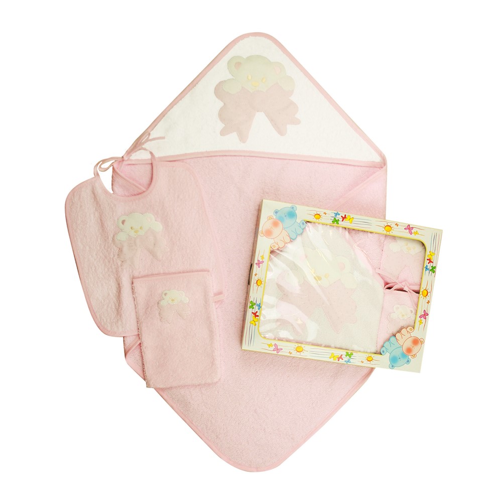 Confezione PIMPI:Accappatoio neonato cm.60x60 in spugna+manopola cm.15x21+bavetta cm 25x28 con laccetti e applicazione - in scatola