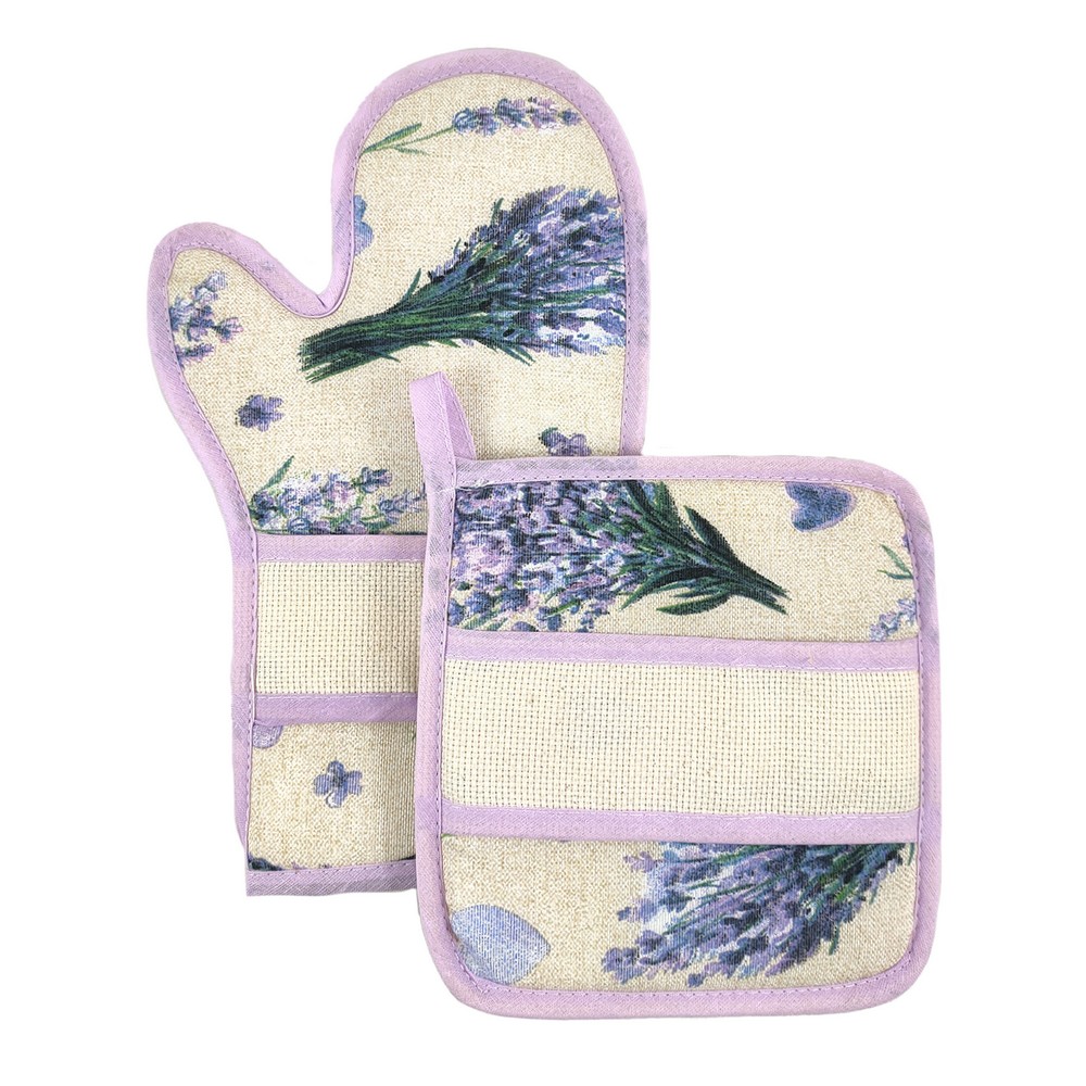 Bis forno SPRING:Guanto forno+presina con banda in etamine da ricamare