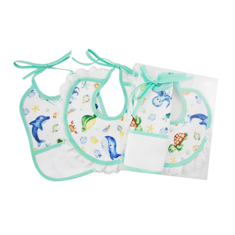 Confezione CHANTAL:Bavetta con tasca da ricamare cm.16x20+bavetta diametro cm.21 con laccetti e pizzo in tela - in scatola