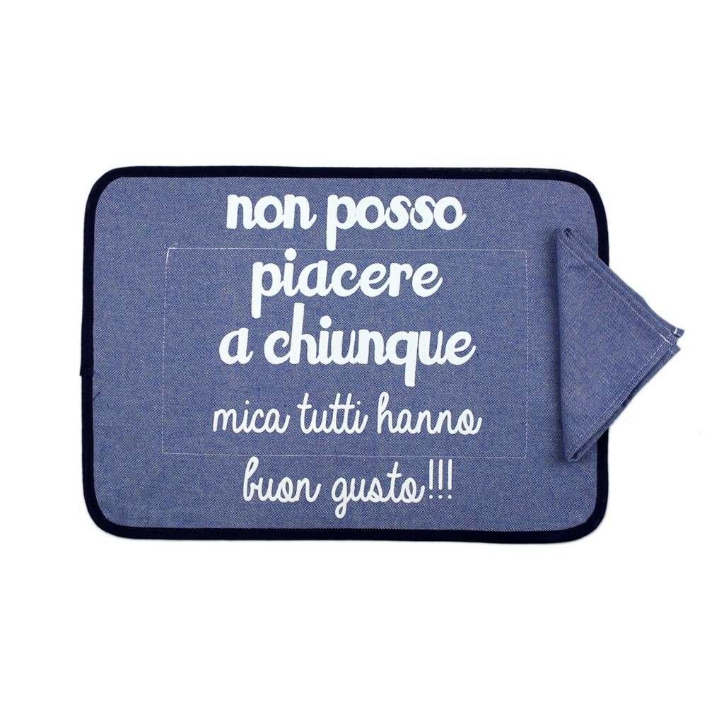 Set prima colazione JEANS: tovaglietta imbottita con TRANSFER spiritosi+tovagliolo