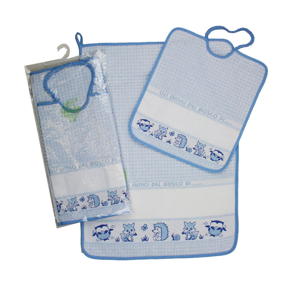 Completo 2pz. AMICI DEL BOSCO:asciugamano+bavetta con elastico con banda in etamine da ricamare