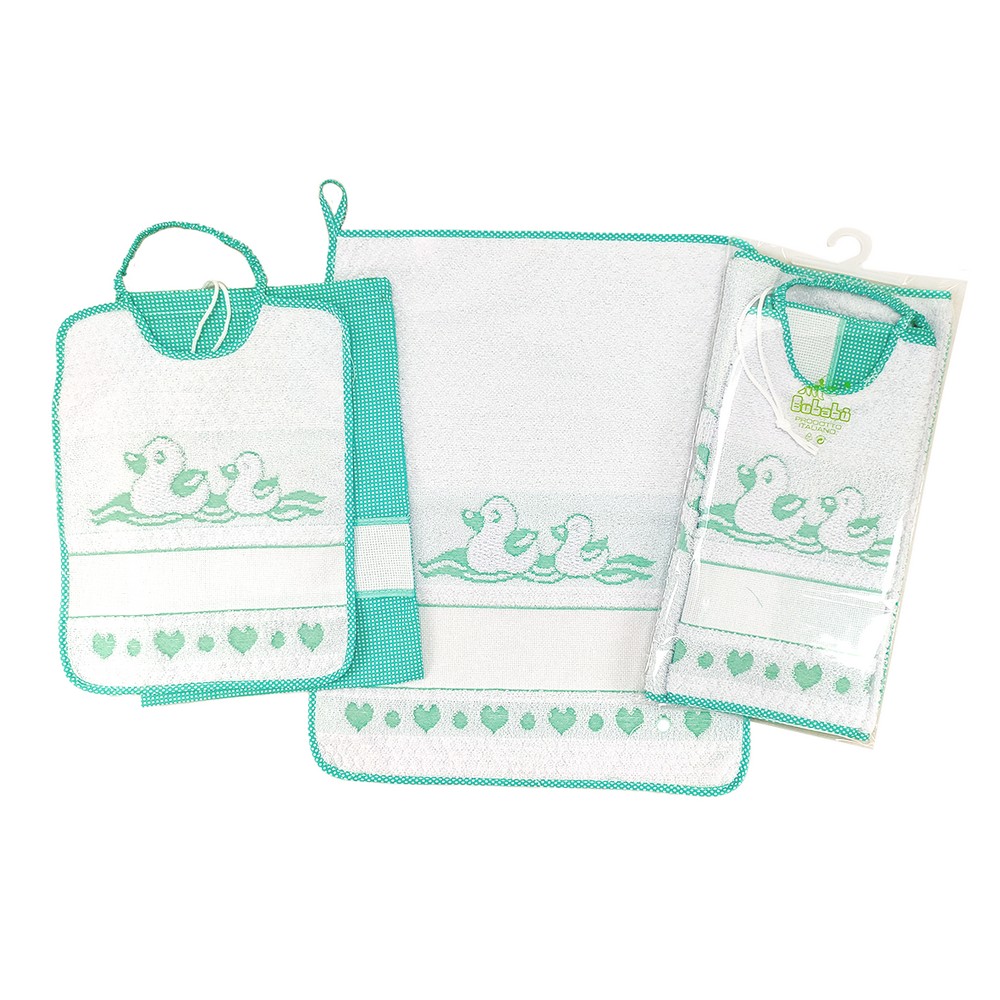 Completo 3 pz. PAPERA: bavaglino con elastico + salviettina in spugna + sacchetto con etamine