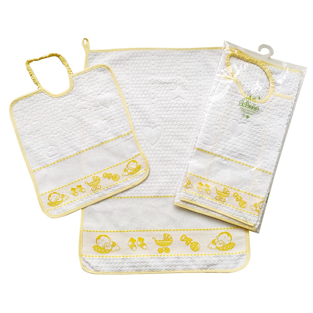 Completo 2 pz.BIBERON:bavaglino cm. 26x30 con elastico +asciugamano cm.42x54 con inserto per il ricamo