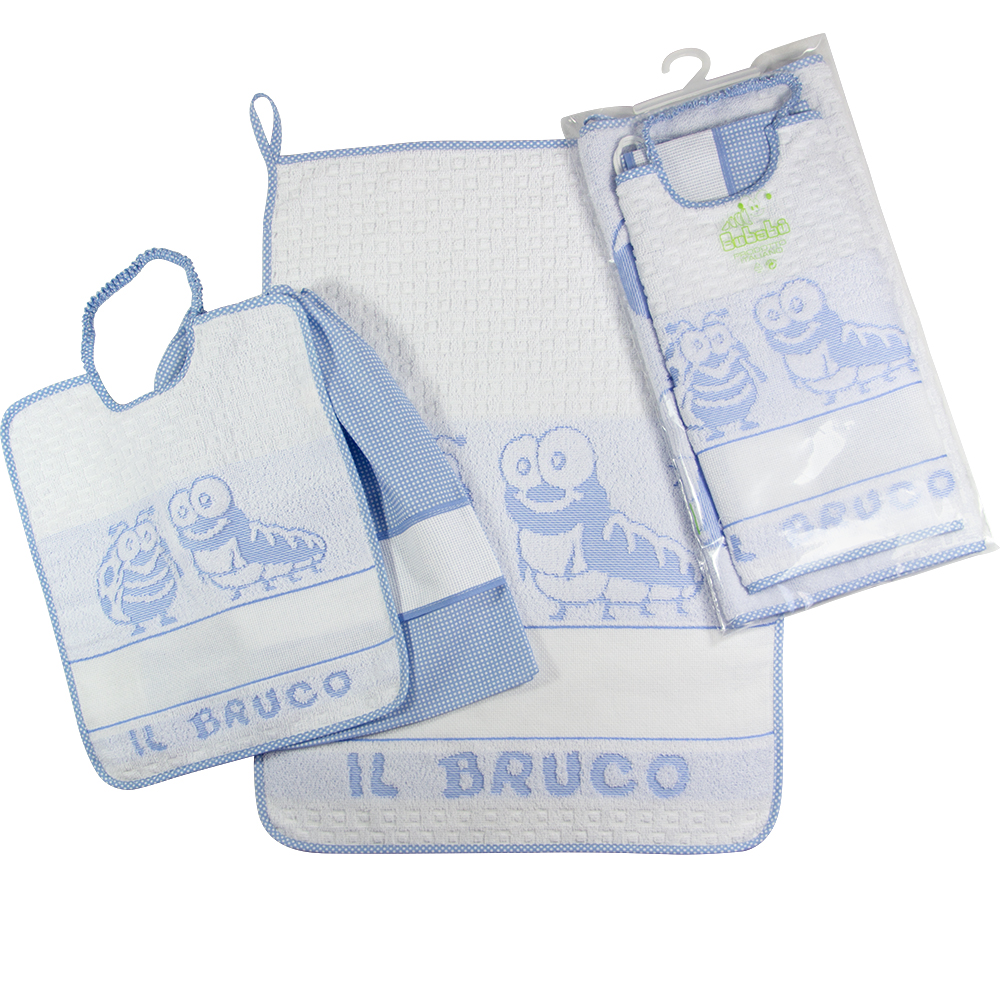 Completo 3 pz BRUCO/DINO:asciugamano+bavetta con elastico in spugna e con banda da ricamare+sacchetto in tela pois con banda da ricamare