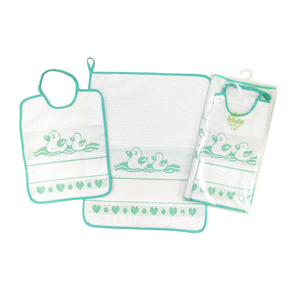 Completo 2 pz. PAPERA: bavaglino cm. 26x32 con elastico+salviettina
