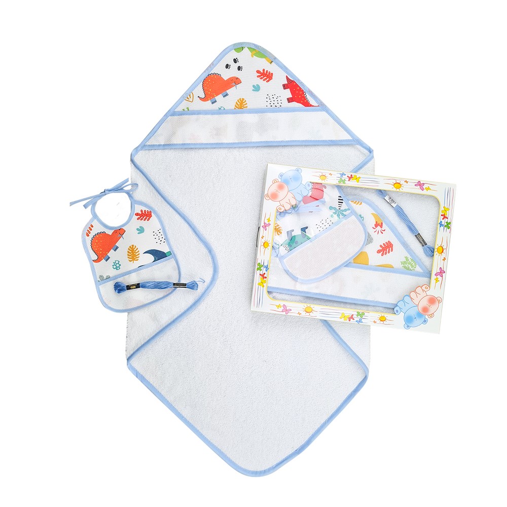 Confezione HAROLD:Accappatoio neonato a triangolo in spugna cm.60x60+bavetta in tela cm.16x20 con inserto da ricamare+filo ricamo in scatola