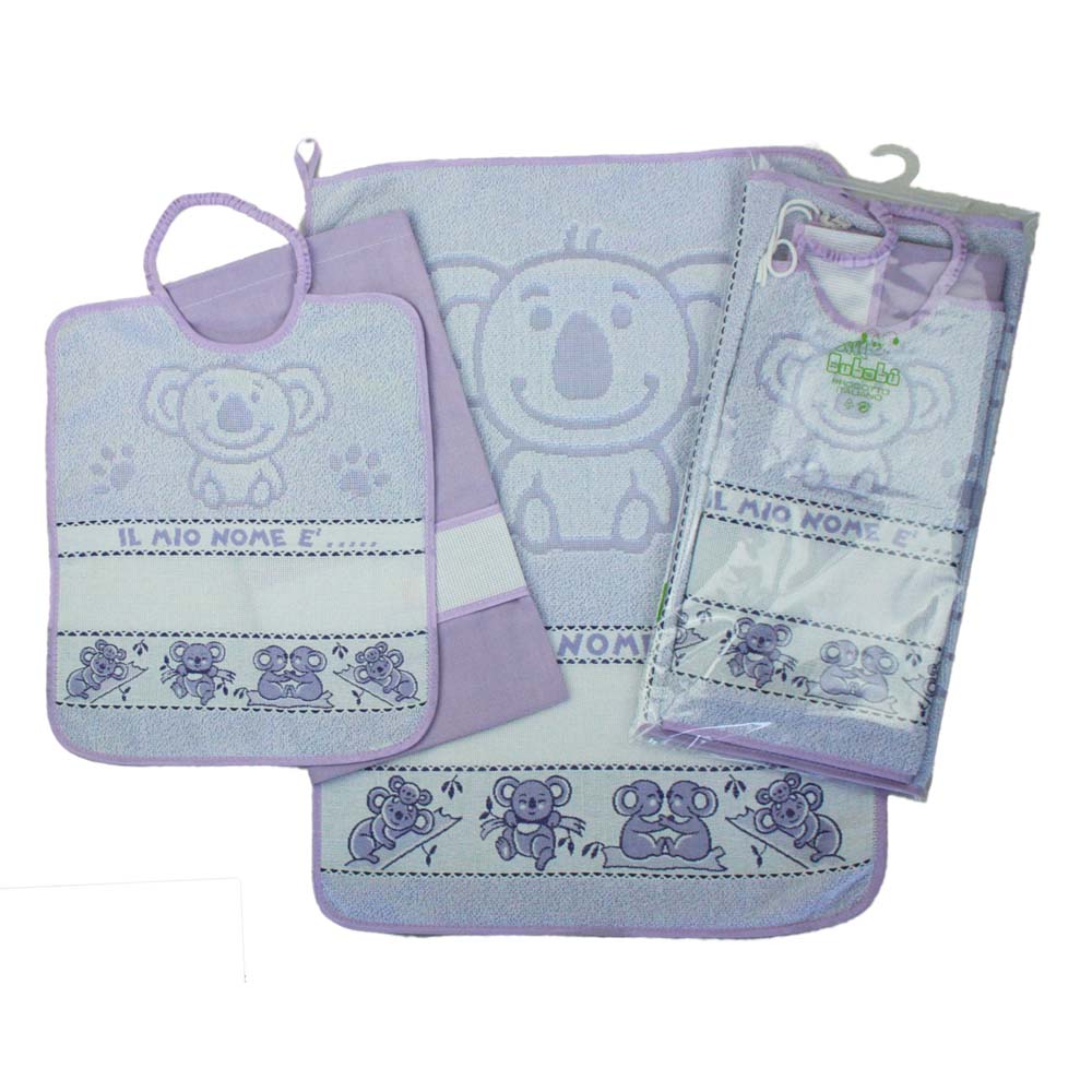 Completo 3 pezzi KOALA:asciugamano+bavetta con elastico+sacchetto