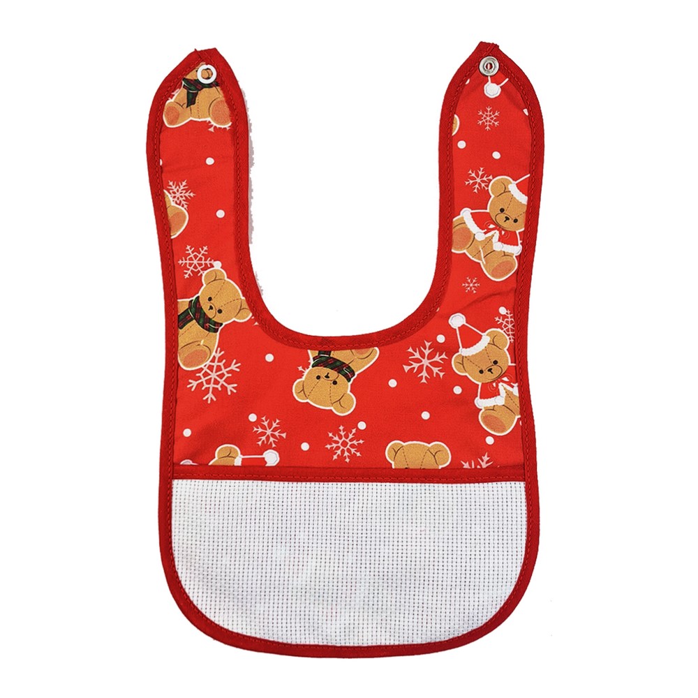 Bavaglino DIXEN cm.18x30 in tela stampata con etamine e tasca da ricamare
