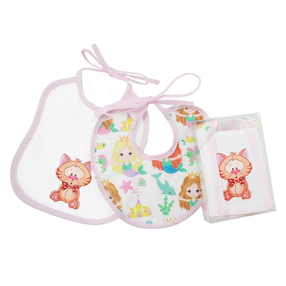 Confezione MICHY:Bavetta con laccetti stampata cm. 16x18+bavetta con laccetti in tela stampata rotonda diametro cm 18- in scatola