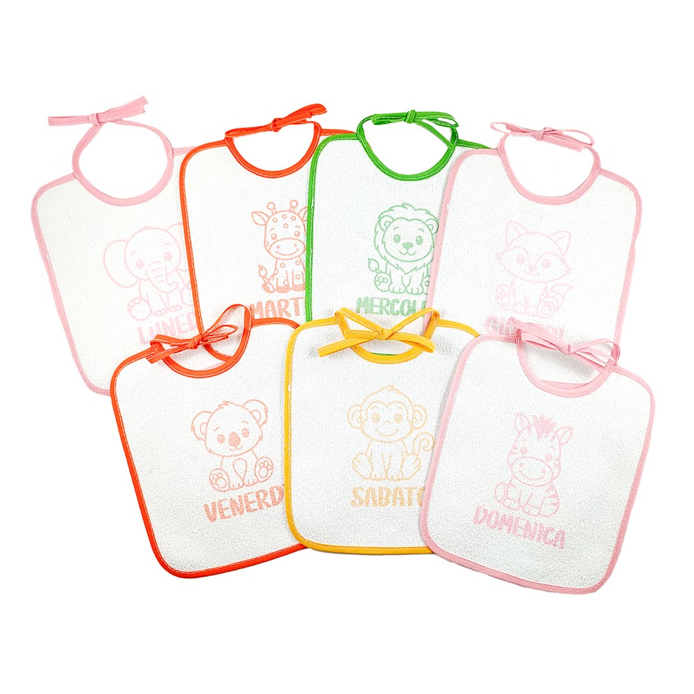 Confezione SETTIMANA  BABY:7 bavette con laccetti in spugna plastificata