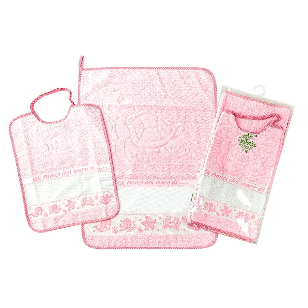 Completo 2 pz.AMICI DEL MARE:bavaglino cm. 28x33 con elastico +asciugamano cm.40x52 con banda da ricamare