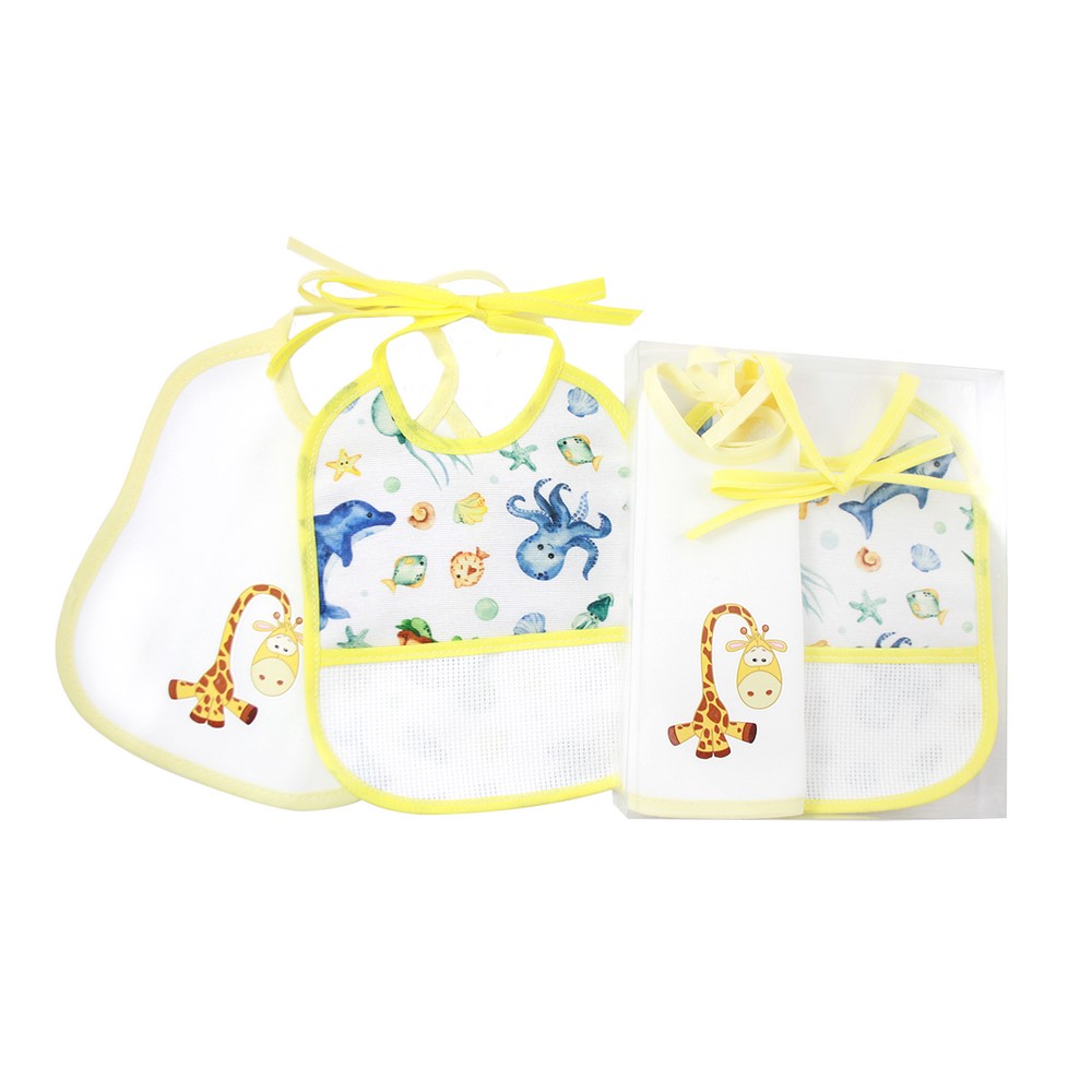 Confezione MARYLIN:Bavetta con laccetti cm. 16x18 in spugna con stampa+bavetta con laccetti cm.16x20 in tela con tasca da ricamare - in scatola