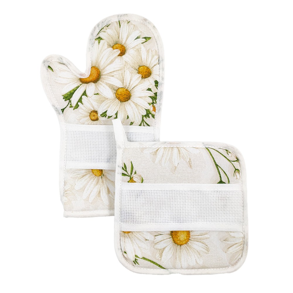 Bis forno SPRING:Guanto forno+presina con banda in etamine da ricamare