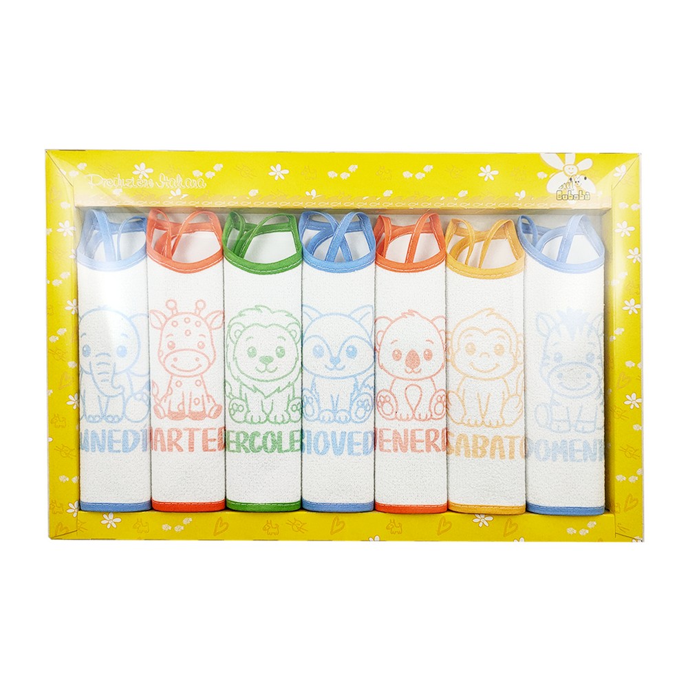Confezione SETTIMANA  BABY:7 bavette con laccetti in spugna plastificata