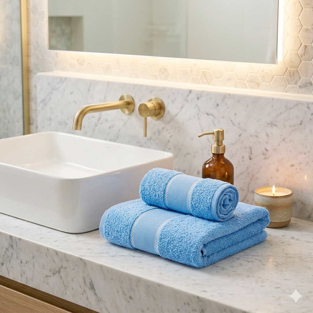 Coppietta spugna RICAMA TU:asciugamano+ospite con banda in etamine da ricamare