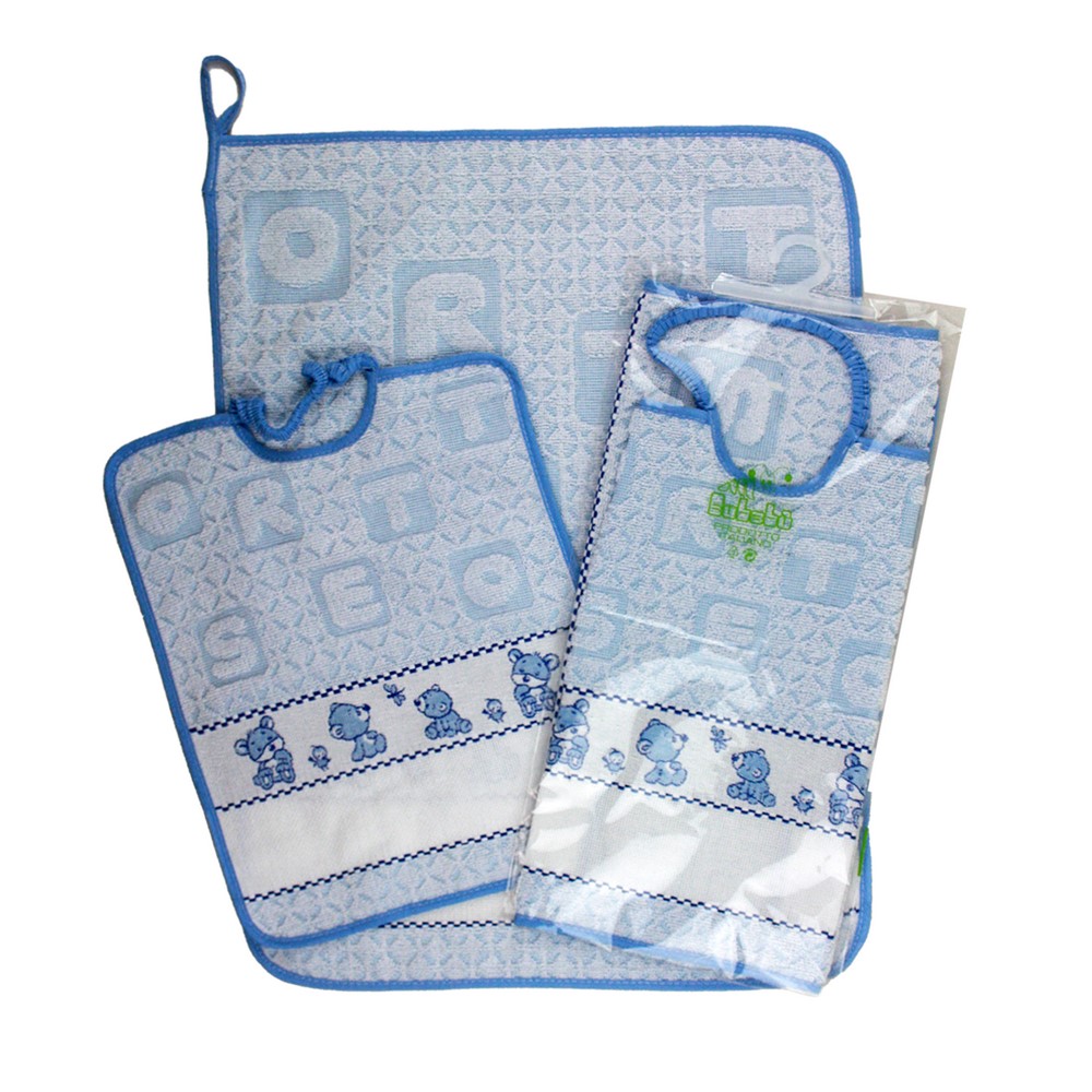 Completo 2 pz.ORSETTO:bavaglino cm. 28x33 con elastico +asciugamano cm.40x52 con banda da ricamare