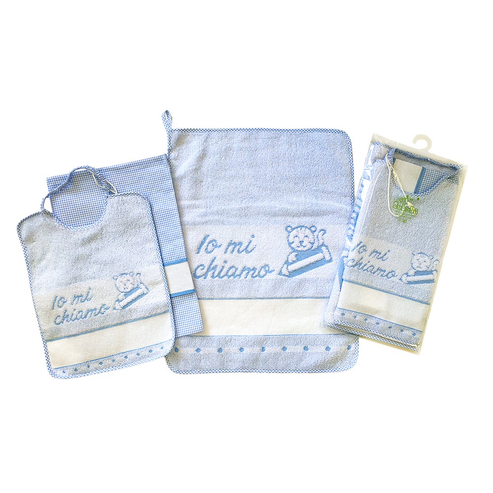Completo 3 pz. RUFUS: bavaglino con elastico + salviettina + sacchetto in tela con etamine