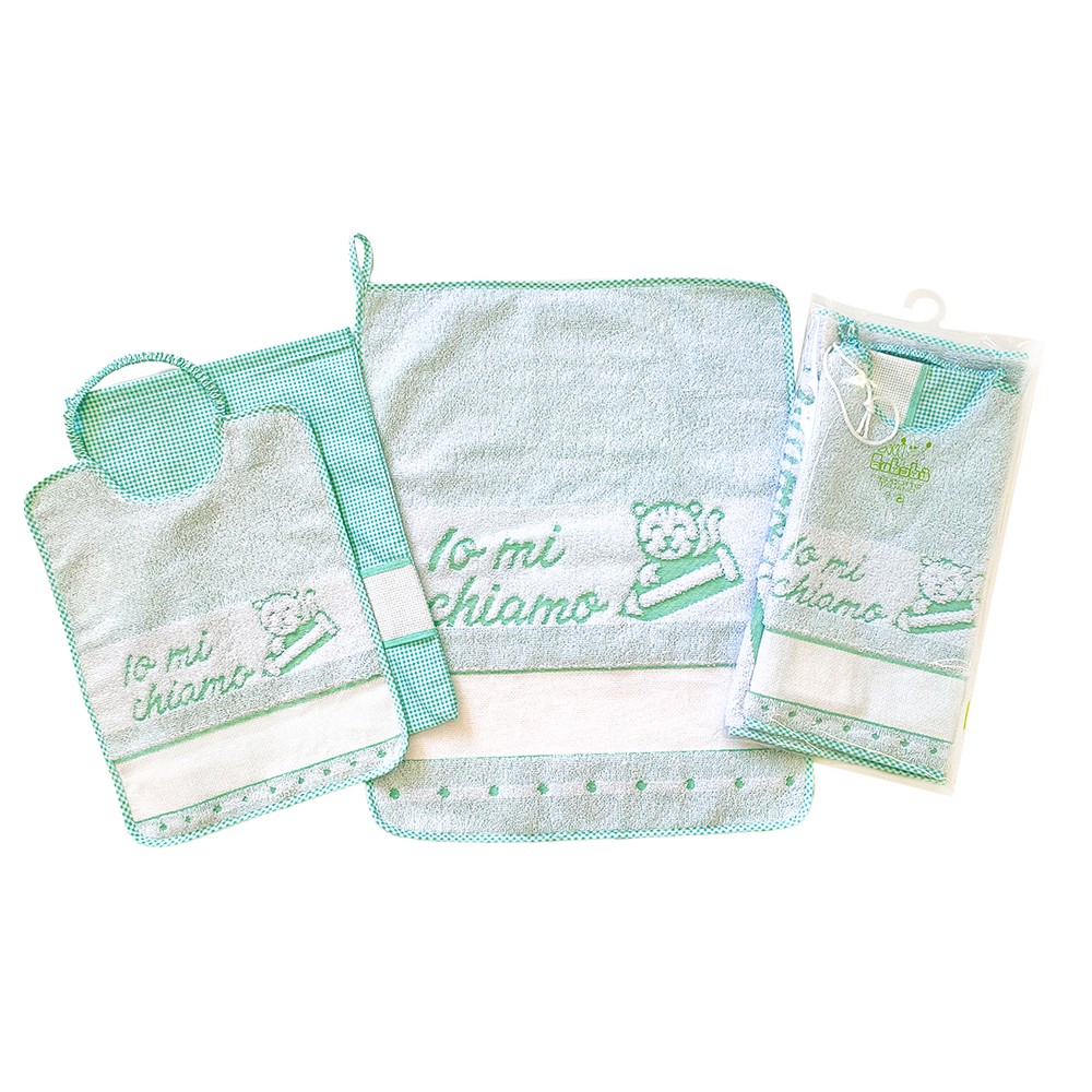 Completo 3 pz. RUFUS: bavaglino con elastico + salviettina + sacchetto in tela con etamine