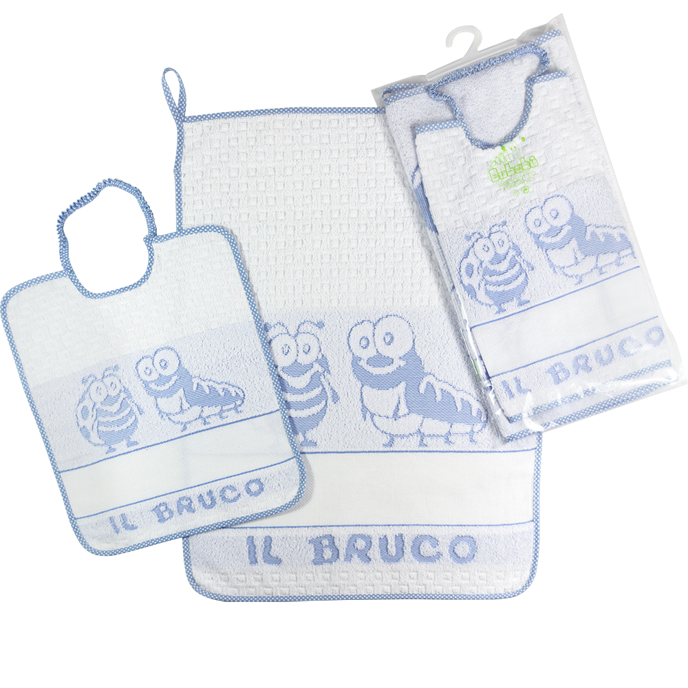 Completo 2 pz BRUCO:asciugamano+bavetta con elastico in spugna e con banda da ricamare