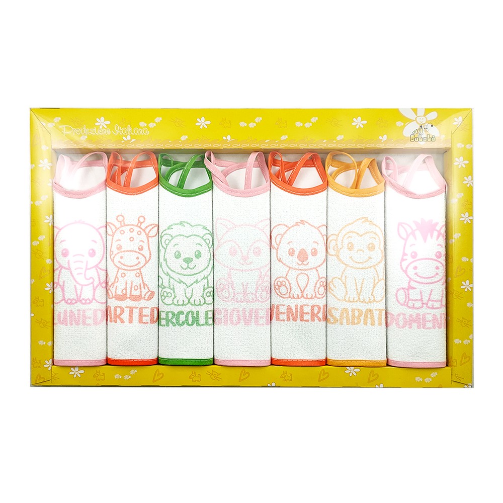 Confezione SETTIMANA  BABY:7 bavette con laccetti in spugna plastificata