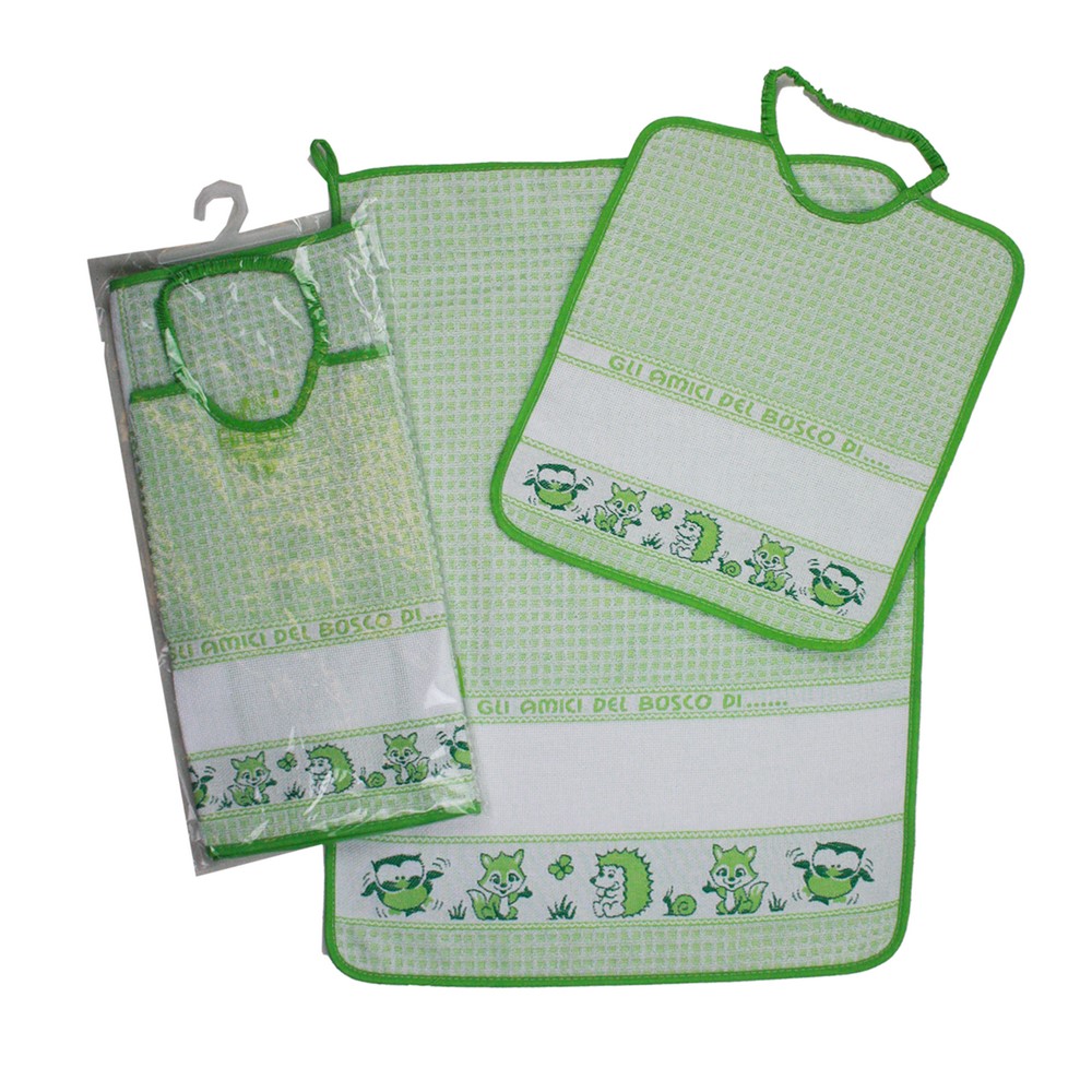 Completo 2pz. AMICI DEL BOSCO:asciugamano+bavetta con elastico con banda in etamine da ricamare