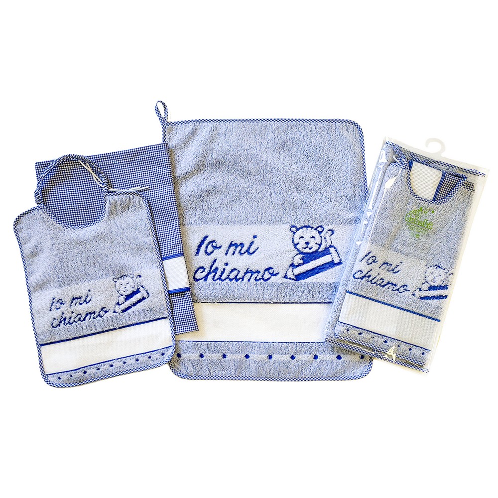 Completo 3 pz. RUFUS: bavaglino con elastico + salviettina + sacchetto in tela con etamine