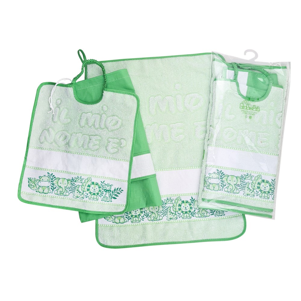 Completo 3 pezzi SAFARI:asciugamano+bavetta con elastico con inserto da ricamare+sacchetto in tela con etamine