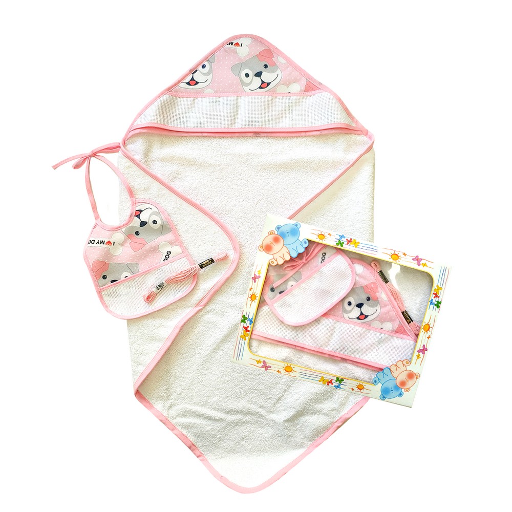 Confezione HAROLD:Accappatoio neonato a triangolo in spugna cm.60x60+bavetta in tela cm.16x20 con inserto da ricamare+filo ricamo in scatola