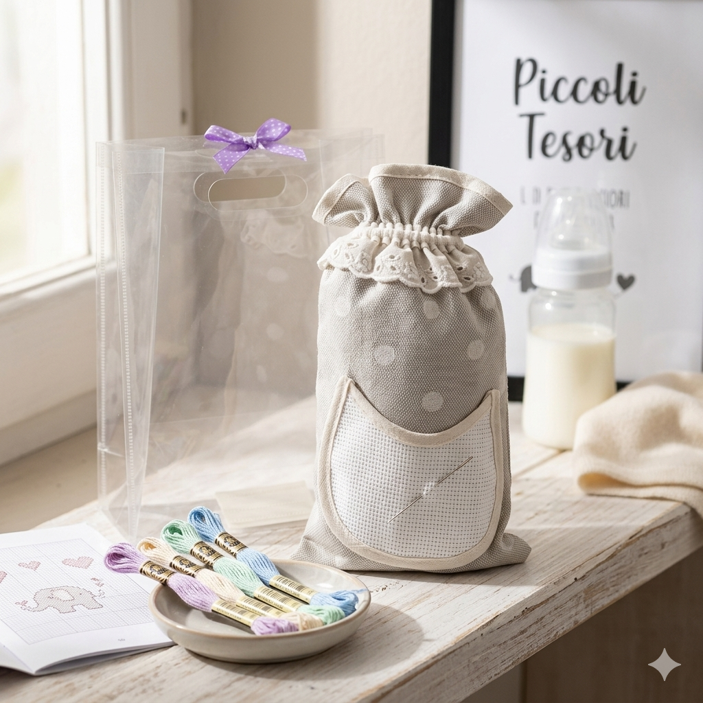 Portabiberon MIRO' con tasca in etamine da ricamare