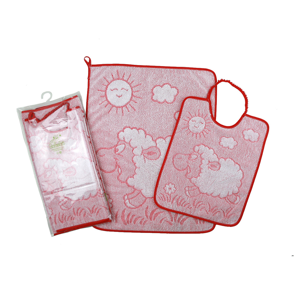 Completo 2 pezzi DOLLY:Bavaglino cm.28x29 con elastico+asciugamano cm.40x50 in spugna