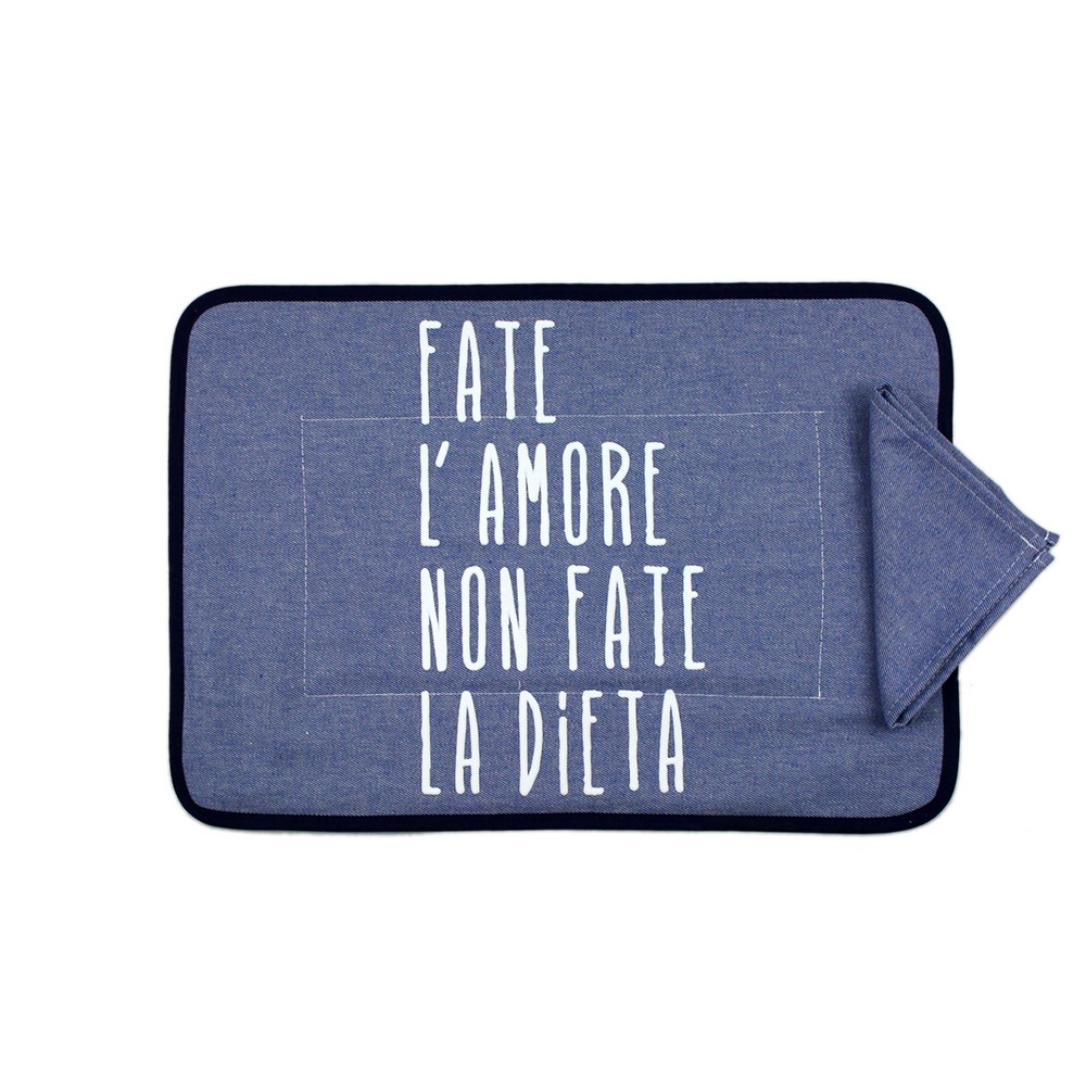 Set prima colazione JEANS: tovaglietta imbottita con TRANSFER spiritosi+tovagliolo