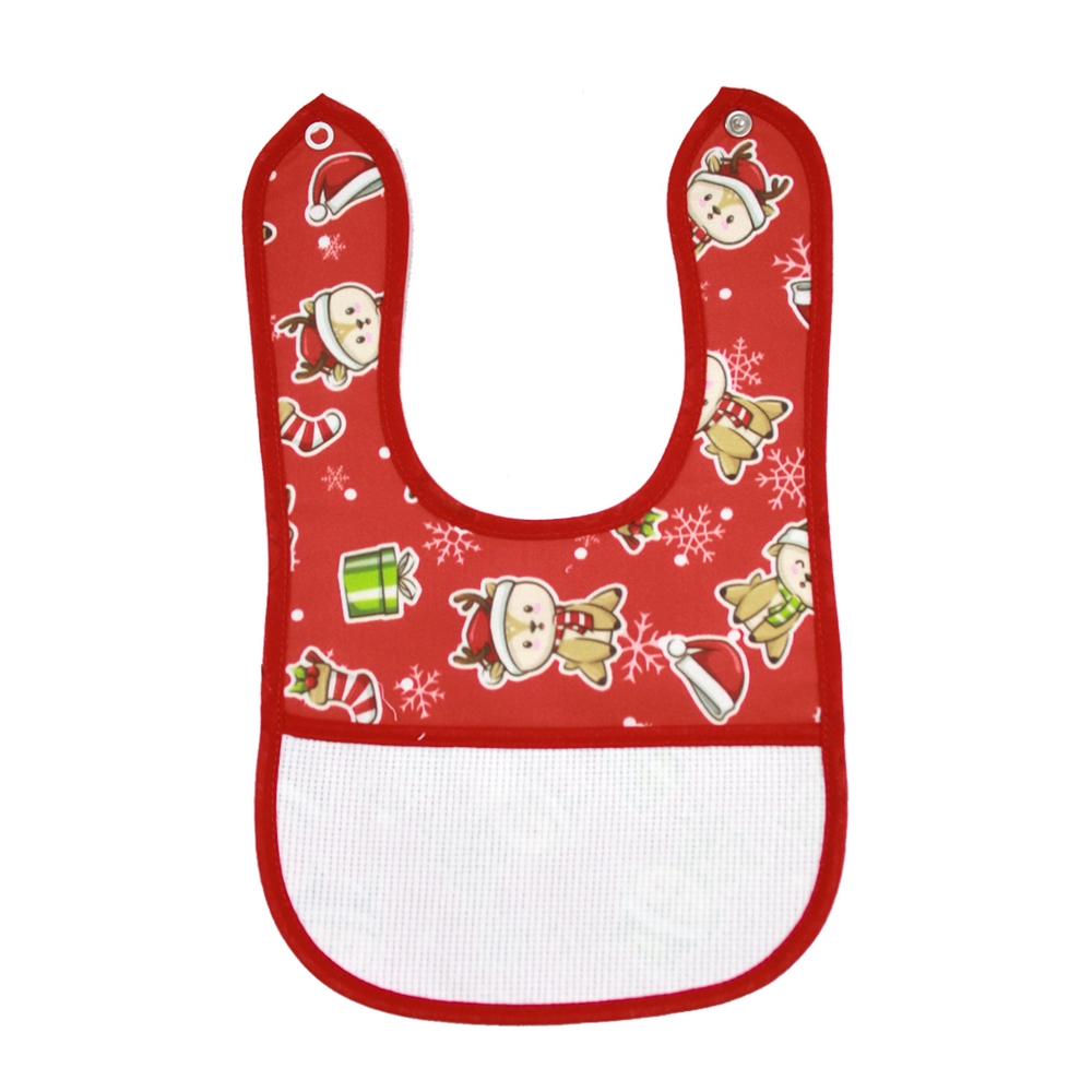 Bavaglino DIXEN cm.18x30 in tela stampata con etamine e tasca da ricamare