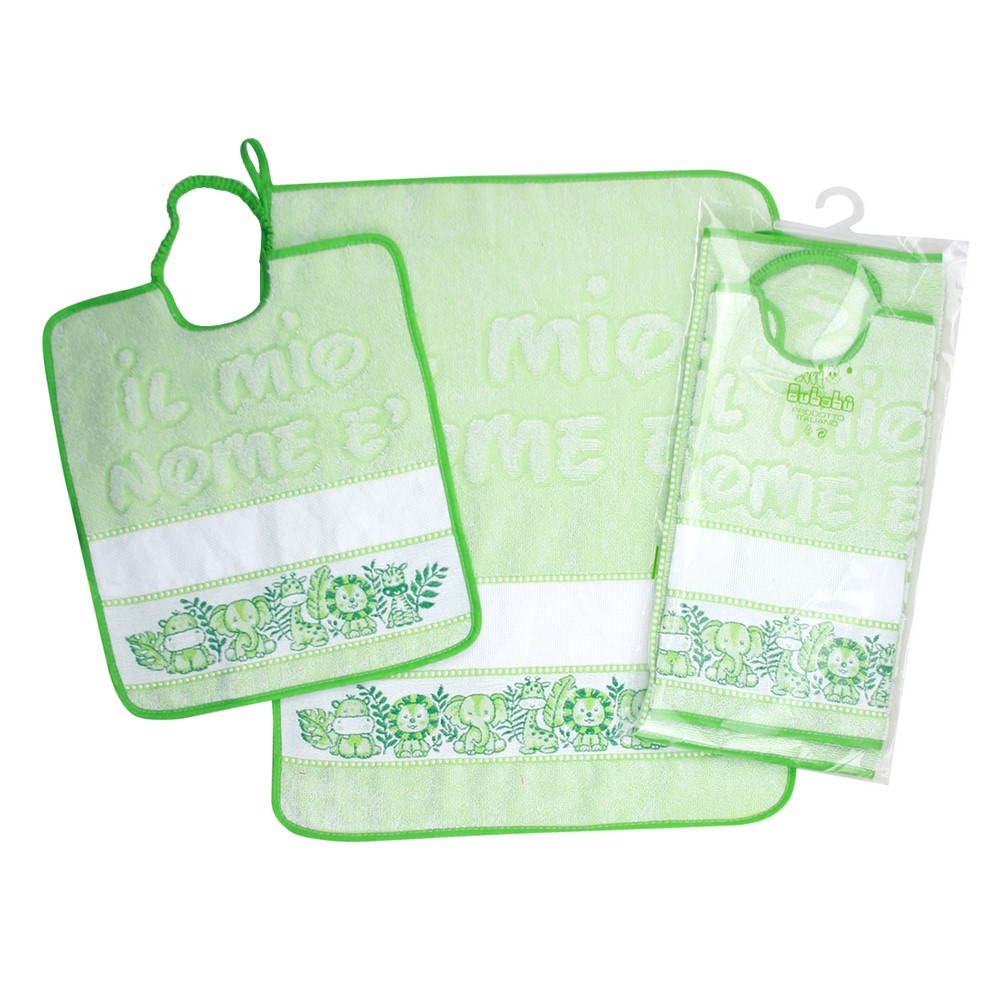 Completo 2 pezzi SAFARI:asciugamano+bavetta con elastico con inserto da ricamare