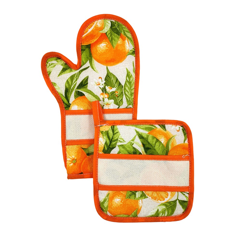 Bis forno SPRING:Guanto forno+presina con banda in etamine da ricamare